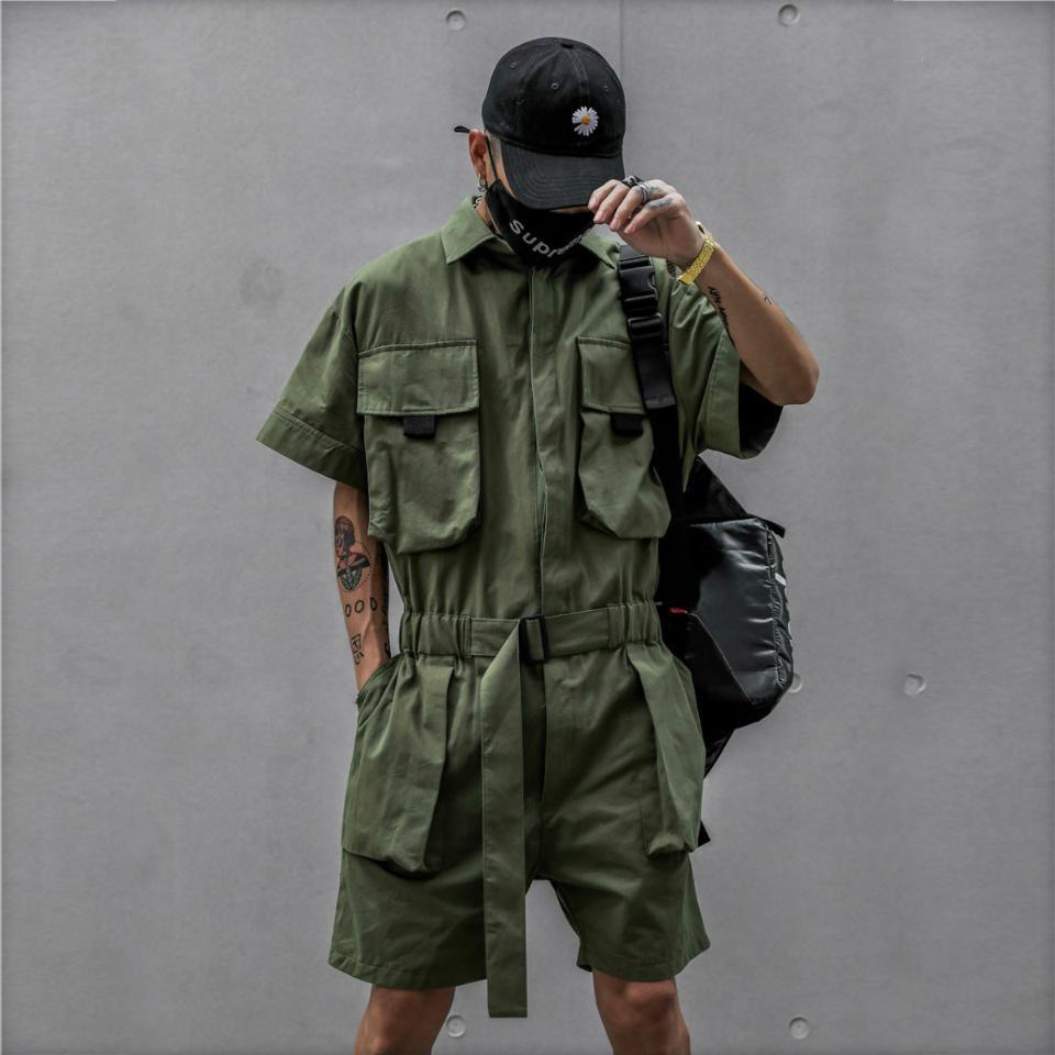 Herrekort jumpsuit svart trikotoverall herregrønn herre japansk streetwear sommer lommer hel avslappet sportsoverall: M / Grønn