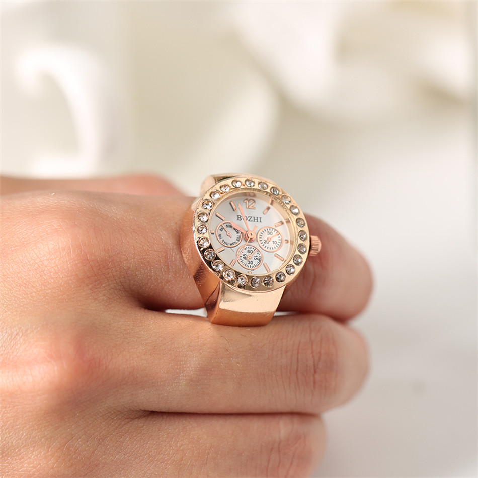 Strass Vrouwen Zilver/Goud/Rose Goud Legering Elastische Band Ring Horloges Quartz Uurwerk