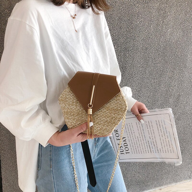 Hexagon Mulit Style Straw+leather Handbag Women Summer Rattan Bag Handmade Woven Beach Circle Bohemia Shoulder Bag