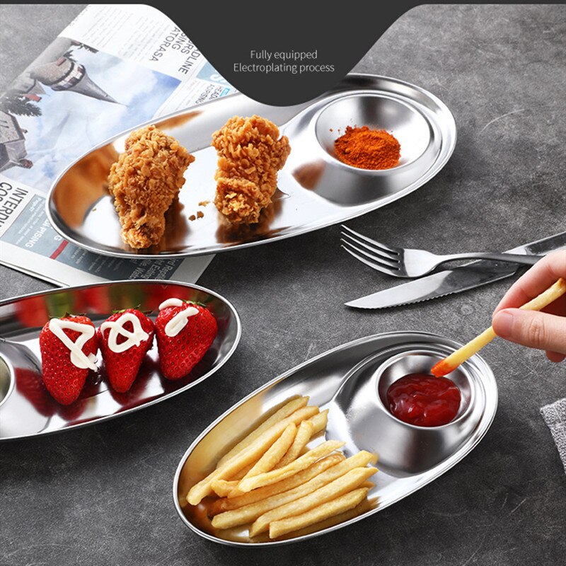 304 stainless steel snack plate divided grid plate oval plate with sauce plate western food french fries fried chicken snack