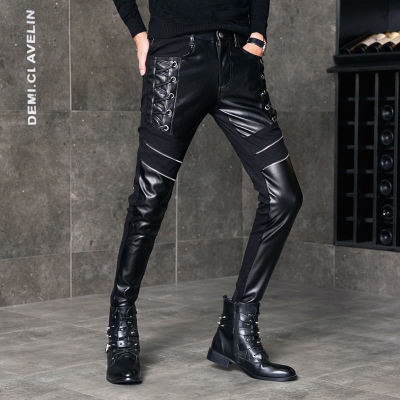 Fashionable Men's Pants Faux Leather Slim Patchwork Casual Man Pants 28-36 Male Pu Leather Trousers