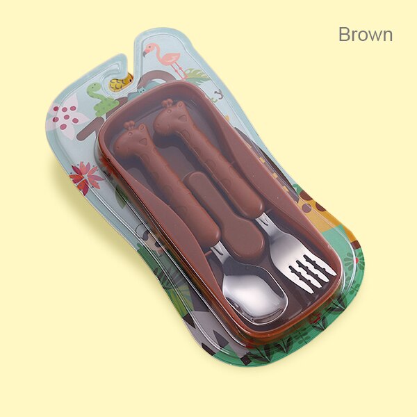 Beeshum Infant Feeding Spoon Fork Baby Gadgets Tableware Set Children Cartoon Utensil Stainless Steel Toddler Dinnerware Cutlery: Brown