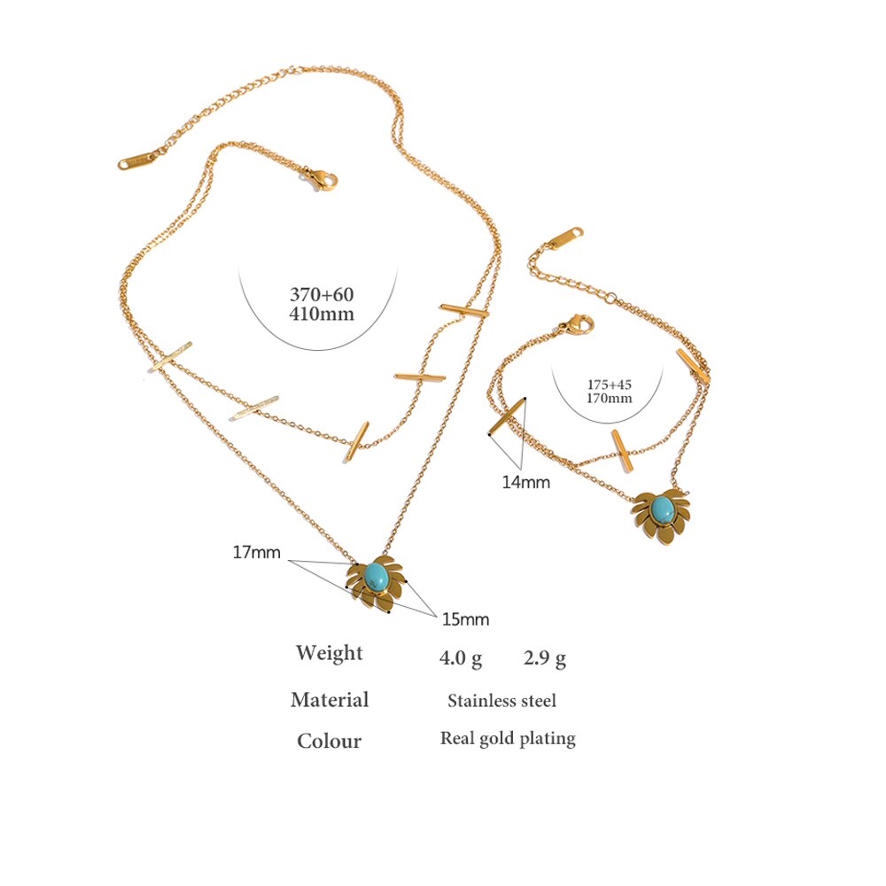 Yhpup Rvs Laat Stone Hanger Ketting Armband Set Stijlvolle Gouden Ketting Dubbele Gelaagde Sieraden Set Bijoux Femme