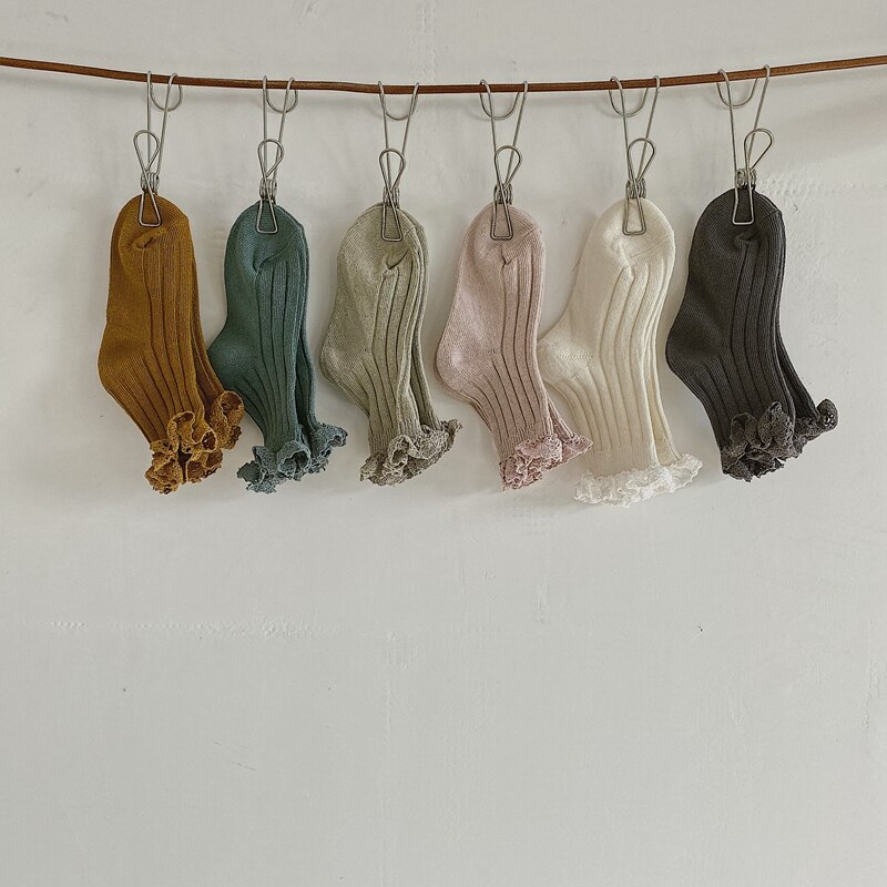 Chaussettes genoux pour filles en dentelle de coton, automne et hiver, pour enfants en bas âge, tendance, de couleur solide