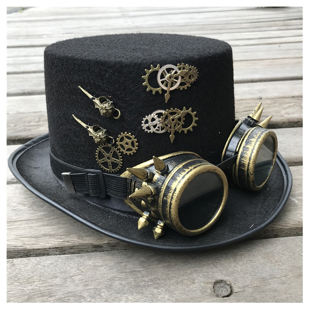 Men Women Handmade Steampunk Top Hat With Gear Glasses Magic Hat Performance Bowler Hat Size 57CM Steampunk Hat: Default Title