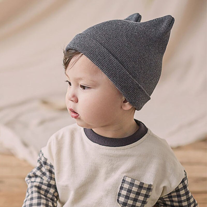 Sød ensfarvet babyhue med ører efterår vinter varm kid strikket hue til baby pige dreng blød spædbarn småbørn hue foto rekvisitter: Grå