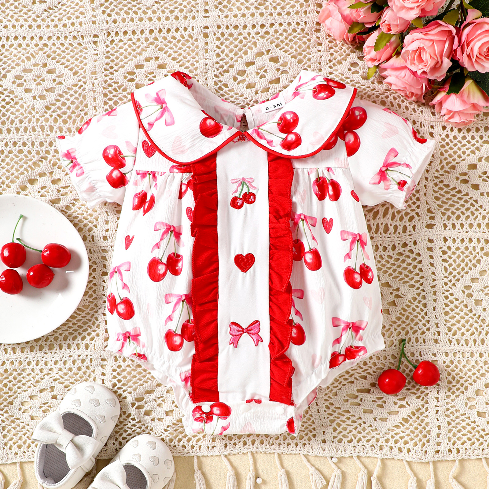 Body de verano 2025 para niñas, mono infantil bordado con estampado de cereza dulce, ropa de una pieza de manga corta con solapa para niños pequeños