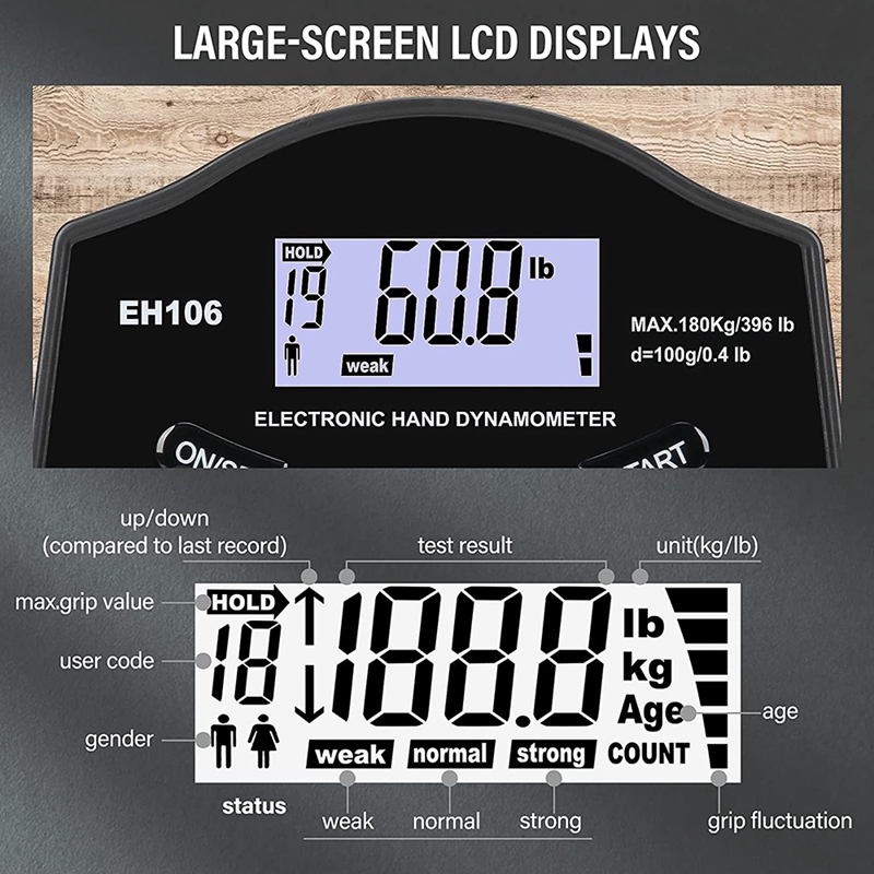 Probador de fuerza de agarre, dinamómetro de mano Digital 396Lbs/180Kg, medidor de fuerza de agarre con pantalla LCD USB, dinamómetro de agarre de mano