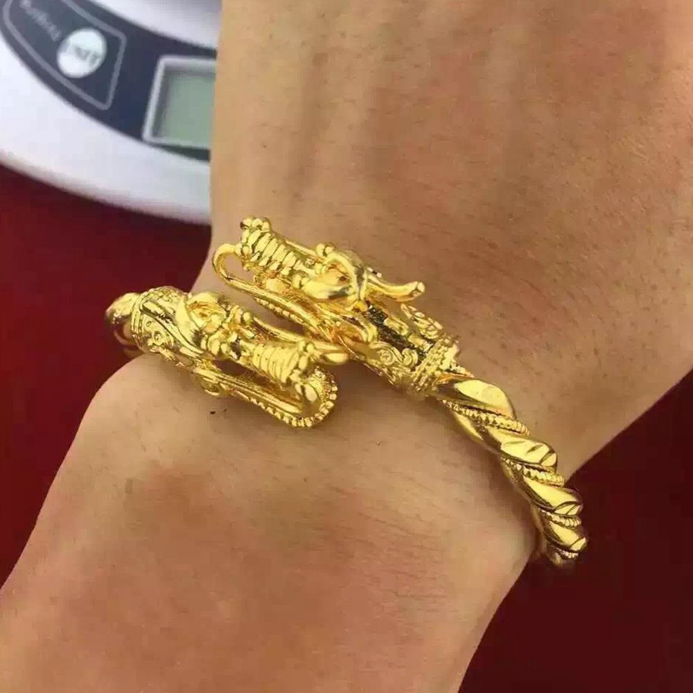 Mens Dragon Head Bangle Yellow Gold Filled Hip Hop Bracelet Bangle Adjustable