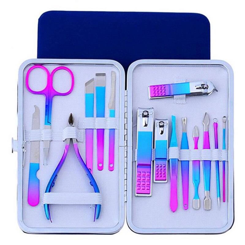 1 Set Rainbow Grandient Manicure Nail Kits Stainless Steel Nail Clippers Set Acne Needle Toenail Grooming Sets 30#