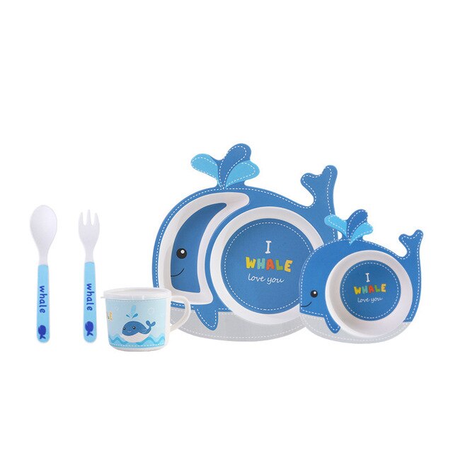 Juego de vajilla de fibra de bambú para bebés, juego de 5 unidades de platos para bebés, plato con separación de dibujos animados para niños, Bol, tenedor, cuchara, vasos, suministros de alimentación: fish