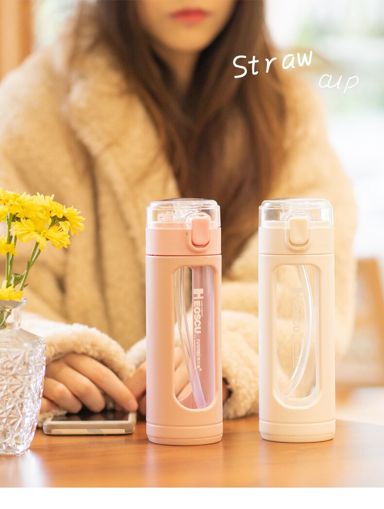 Dubbel bärbar glas söt vattenflaska kawaii kopp tumlare med sugrör för flickor mjölk kaffe juice vaso con tapa y pajita