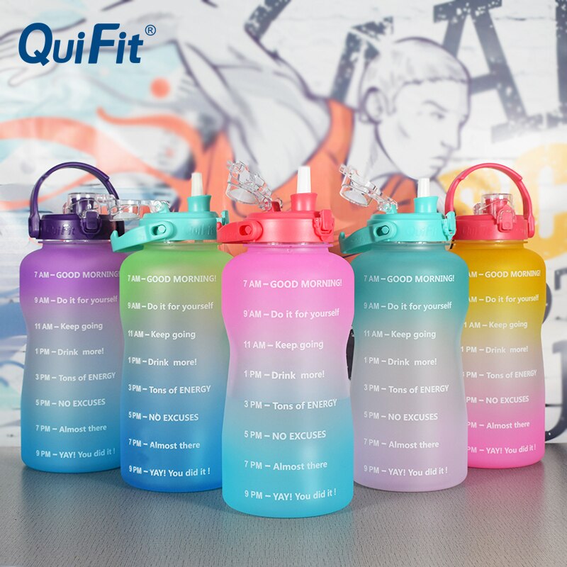 QuiFit water bottle 3.8L bouncing lid gallon water bottle cuptime stamp trigger no BPA, sports phone holder fitness water bottle