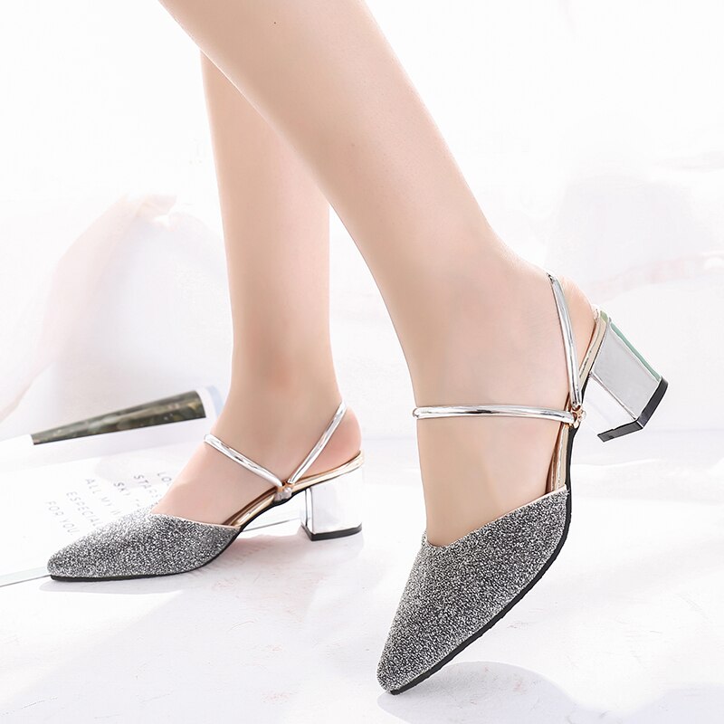 Plus Size 35-43 Summer Women Slippers Pointed Toe Woman Sandals High Heels Slippers Square Heeled Silver Slides Outside 6571: Silver / 7.5