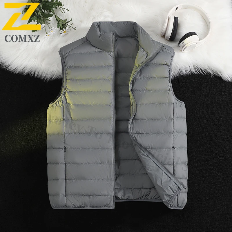 ​ ​ Heren effen donsvest witte eendenveren sport winter casual jas lichtgewicht warme mouwloze jas met standaard colla: 4XL / GRIJS
