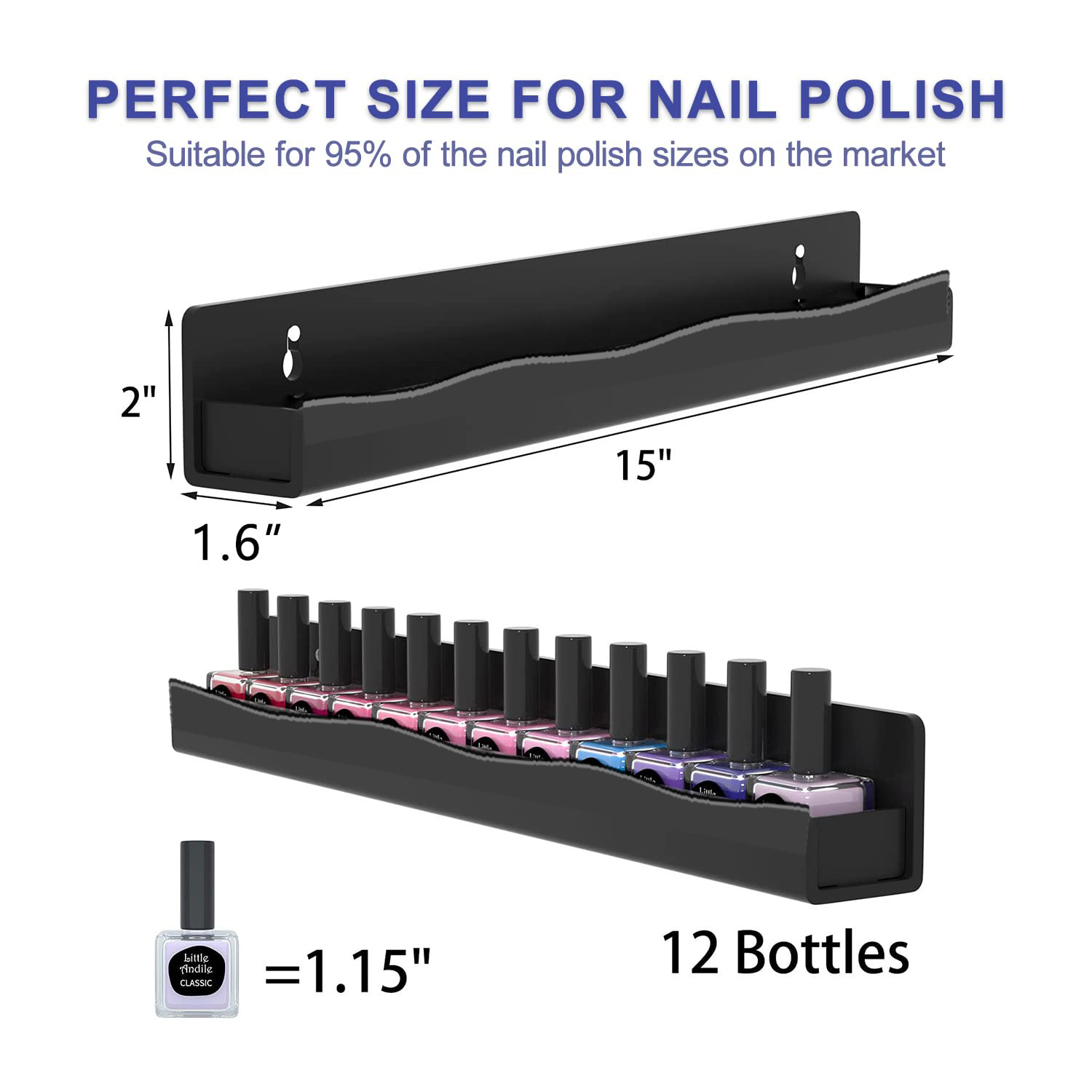 Nagellack-Wandregal: 4 verwöhnen, 38,1 cm, schwarzer Acryl-Nagellack-Organizer für 48–66 Flaschen, Mehrzweck-Acryl-Regal.