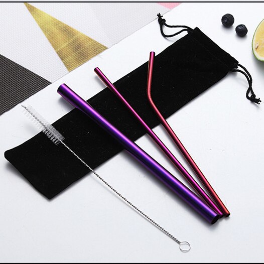 Bubble Tea Stainless Steel Straw Reusable Drinking Straws Set Curved Metal Straws Bag with Brush For Smoothies Juice Tea: Purple