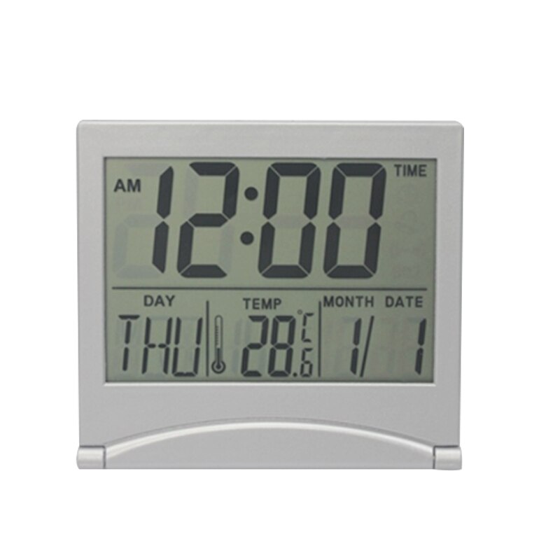 Folding LCD Digital Alarm Clock Desk Table Weather Station Desk Temperature Travel Ectronic Mini Clock: White