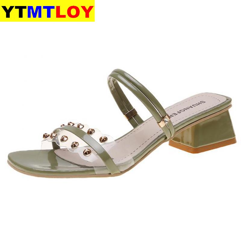 Summer Sandals Women Shoes Women Mules Metal Slides Peep Toe Transparent Square High Heels Female Shoes Gladiator Rivet Square