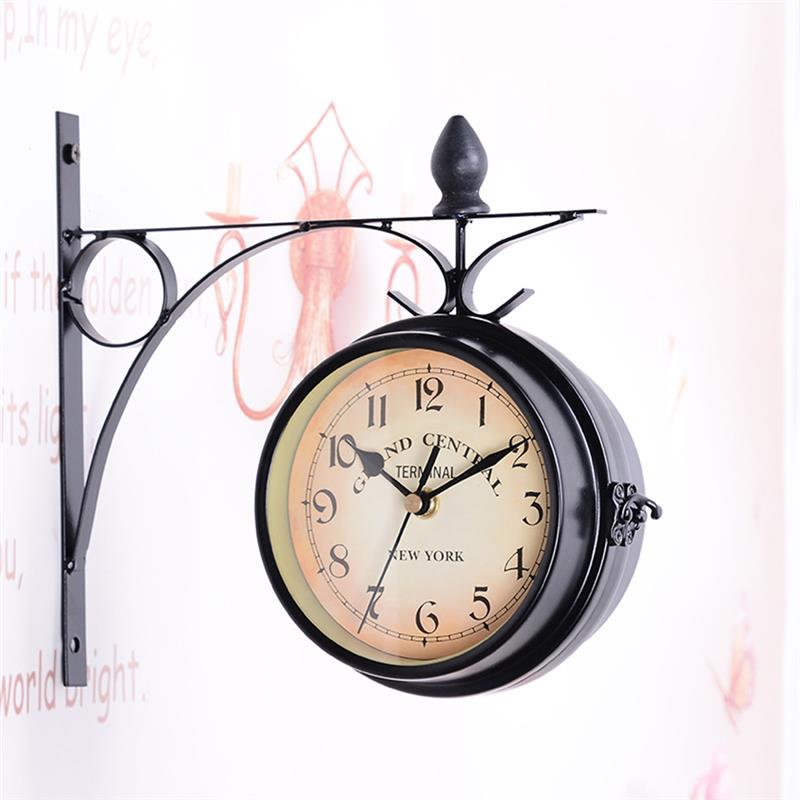Retro Double Side Rotating Wall Clock Metal Hanging Clock Outdoor /Home/Garden Decor European Clock Wall Mounted+Bracket