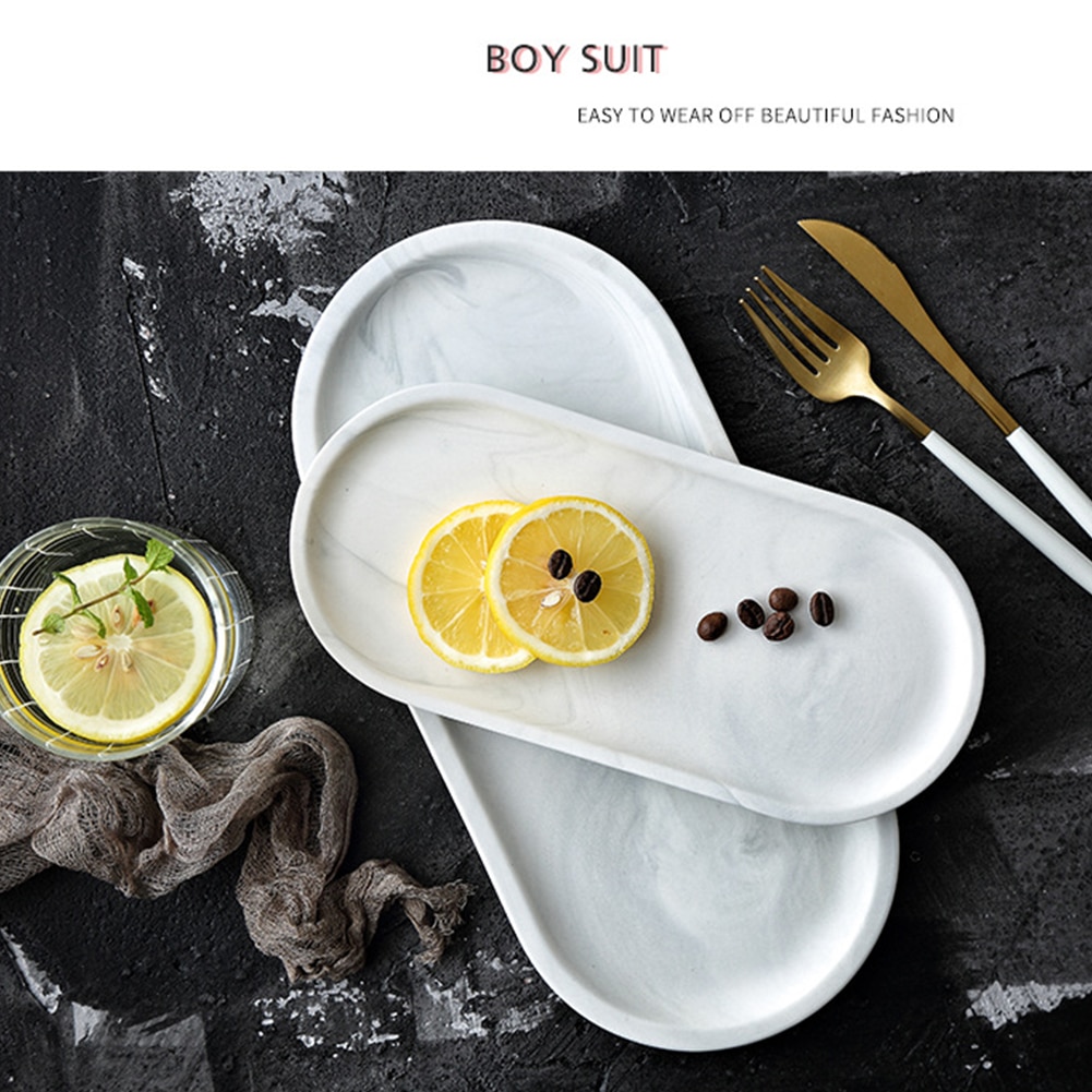 Oval marmor panne tallerken fruktfat fat tebrett dessert middagstallerken servise sett luksus hvit keramikk oppbevaringsbrett tallerken