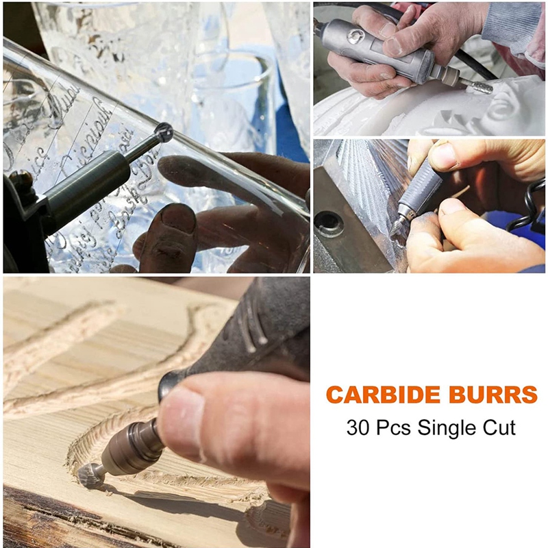 30PCS Double Cut Carbide Burr Set, 1/4Inch Head Length Rotary Tool Cutting Burrs+1/8Inch Tungsten Solid Die Grinder Bits