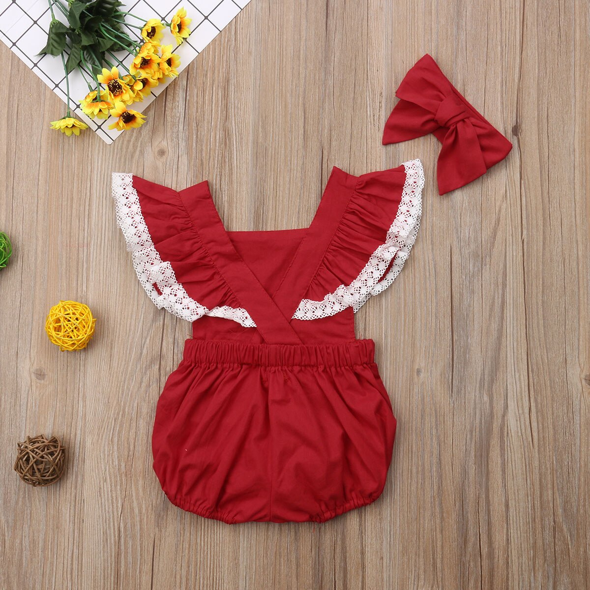 Bebê da criança do natal meninas laço macacão + bandana 2 pçs manga pétala curto sólido sem costas macacões macacão outfit 0-24m