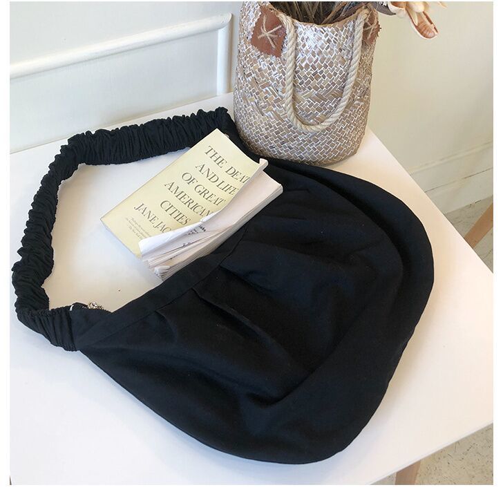 Segeltuch-schultertaschen für damen, studentinnen, crossbody-taschen, lässig, geräumig, schlicht, einfarbig, plissiert, stylisch, harajuku-schick: 7910 schwarz