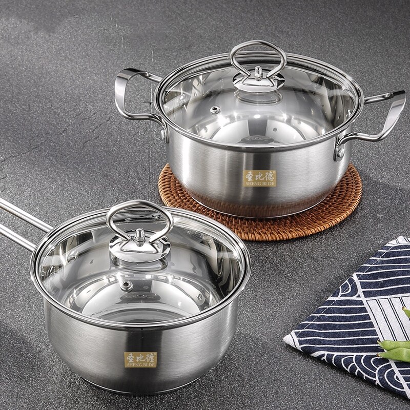 Cookware Set 2 Piece Kitchen Stainless Steel Cooking Pot & Pan Sets Induction Safe Saucepan Casserole pan Glass Lid Pans