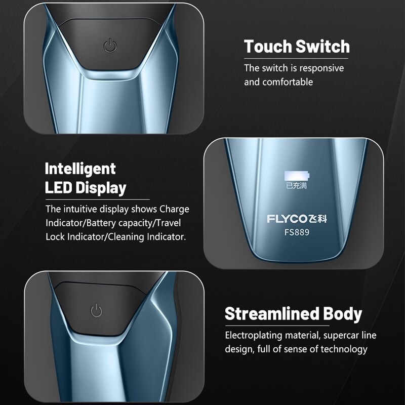 Flyco ipx 7 elektrische waterdichte scheermes, intelligente nat-droog baardtrimmer, afwasbaar scheerapparaat voor mannen, 3d type c, usb, snel opladen