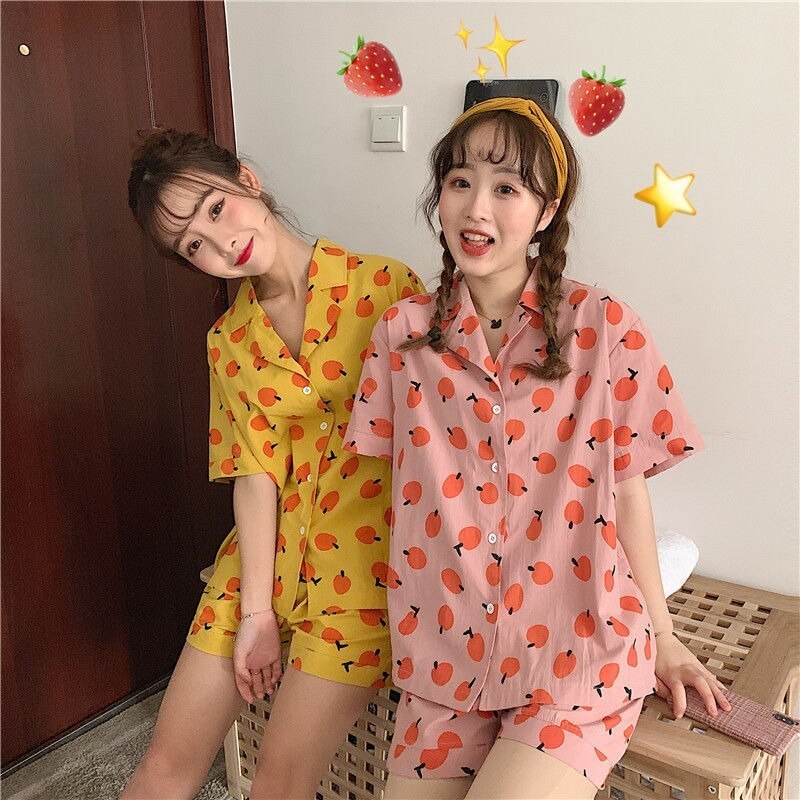 Korean Pajamas for Women Kawaii Room Wear Spring Summer Pyjamas Sweet Pijama Short Sleeve Home Suit Fruit Print Sleepwear