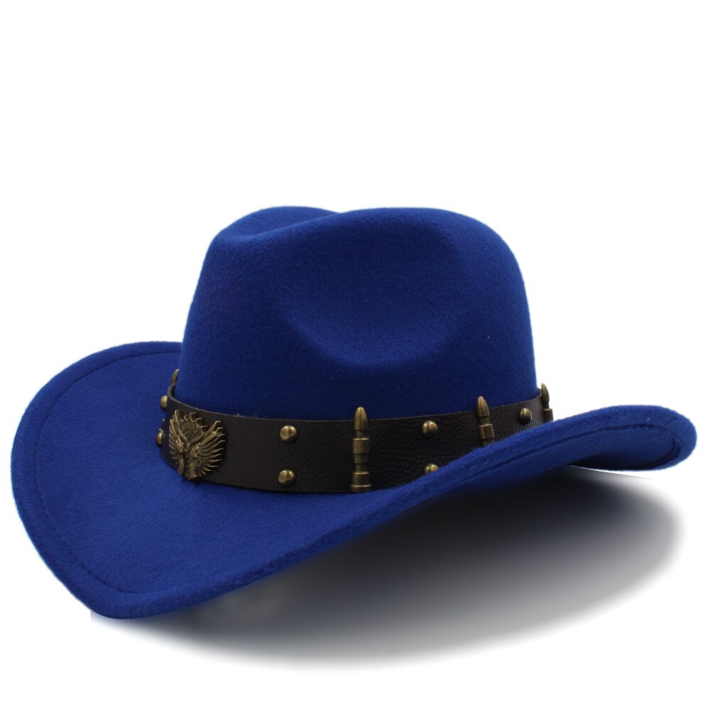Dames heren wollen chapeau western cowboyhoed gentleman jazz sombrero hombre pet dame cowgirl hoeden maat 56-58cm: Blauw