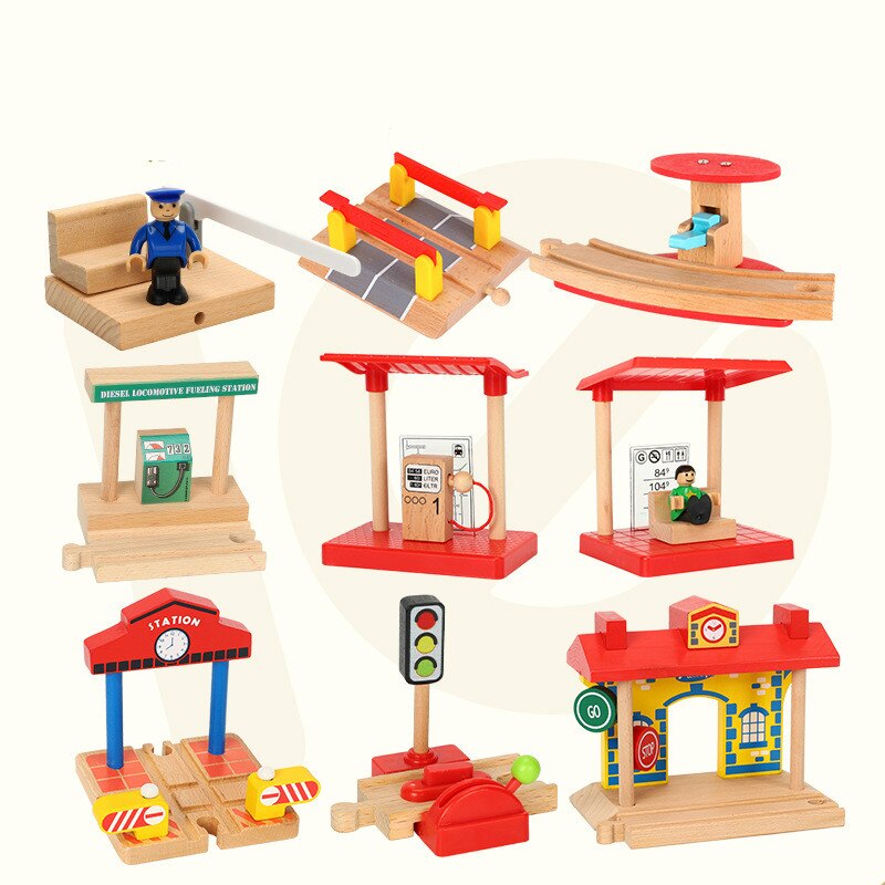 EDWONE-Neue Holz Eisenbahn Kleine Gas Station Zug Slot Zubehör Original Spielzeug Kinder Weihnachten Fit THOMA S BIRO Spielzeug: one set 9pcs