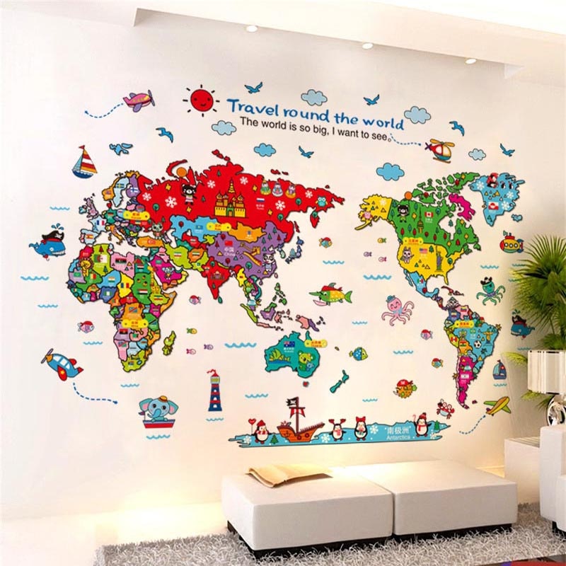 Cartoon world travel map muursticker PVC materiaal DIY muur decals Voor woonkamer sofa achtergrond kinderkamer muur decor stickers