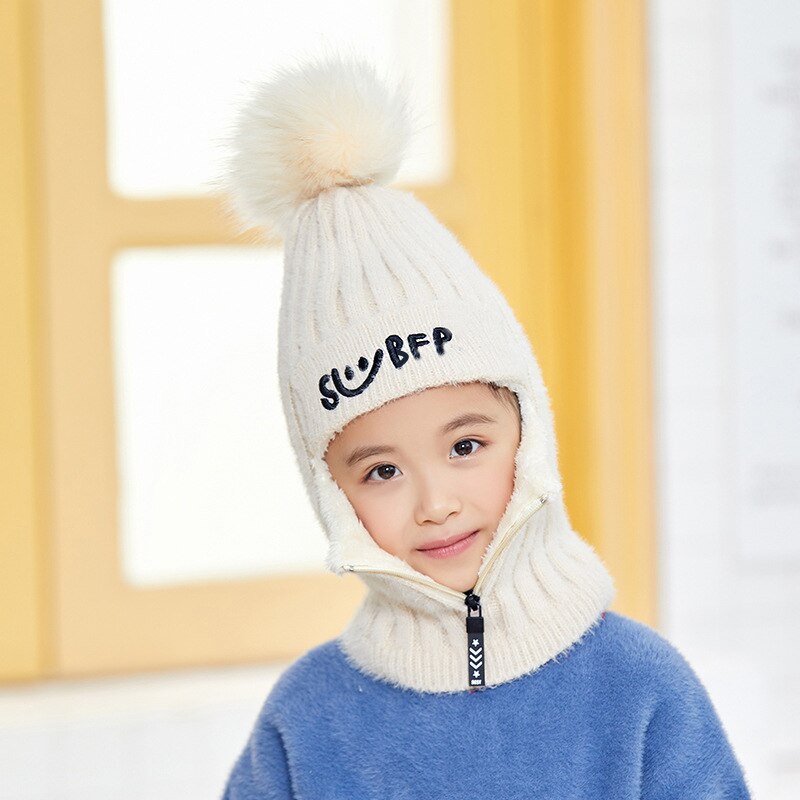 DIHOPE 2 pièces tricot bonnet chapeau et écharpe ensemble Hairball pompon chapeaux femme épais hiver mignon filles lettre Smiley fermeture éclair chapeau: child beige
