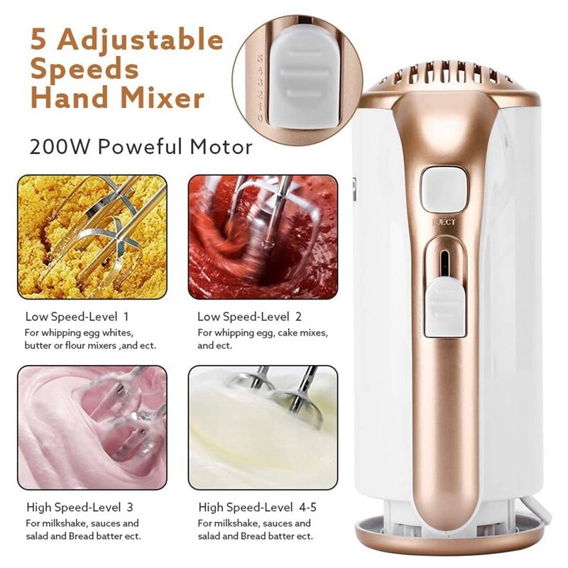 Handmixer, 800 W, roestvrij staal, kneder, handmixer, elektrische garde, 5 snelheden, met Exit-knop, 2000 tpm, 2 deeghaken, elektrische ergonomische behuizing, thermische beveiliging