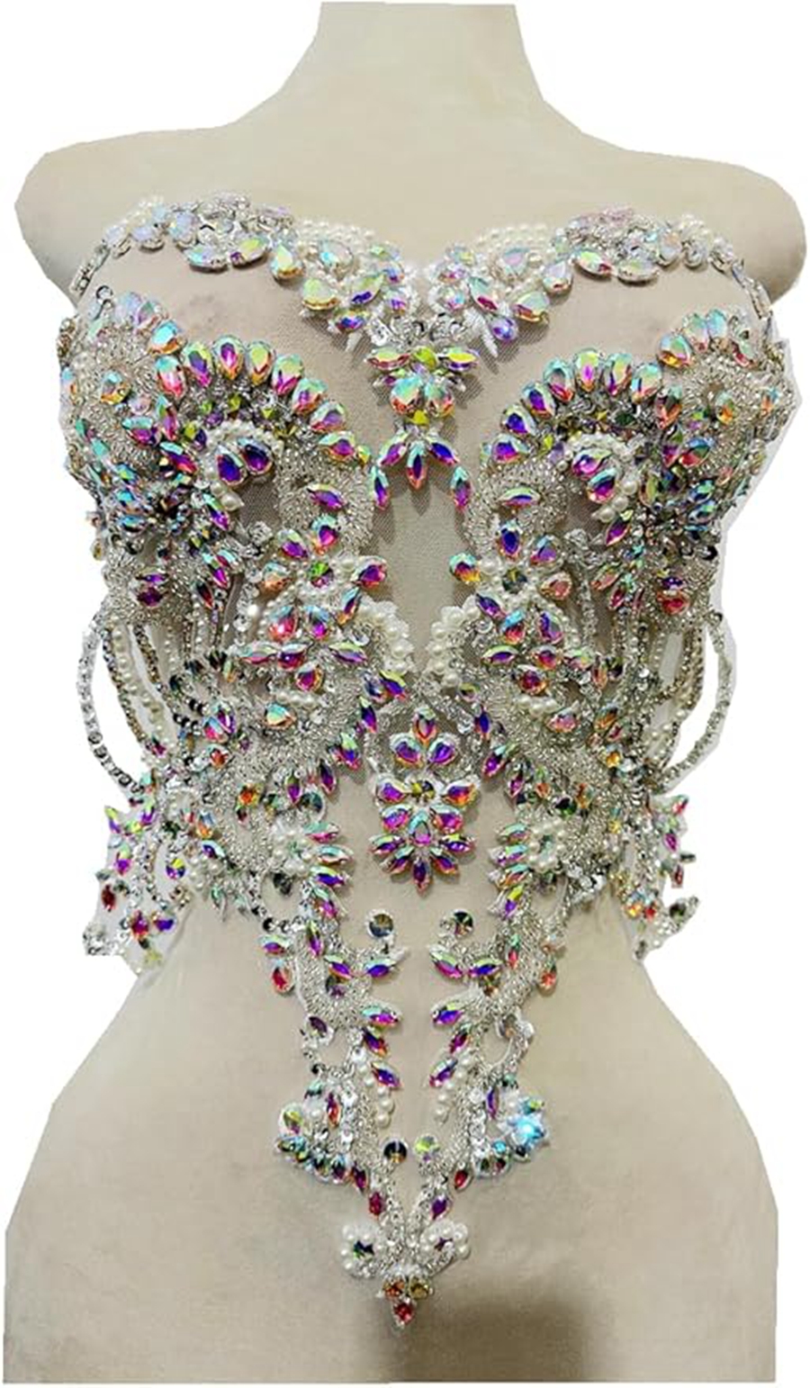 Pedrería hecha a mano dorada/azul/Verde/ren/blanca en corpiño de encaje, apliques de cuentas de costura, parches de adorno de piedras, accesorio para vestido: Multicolor