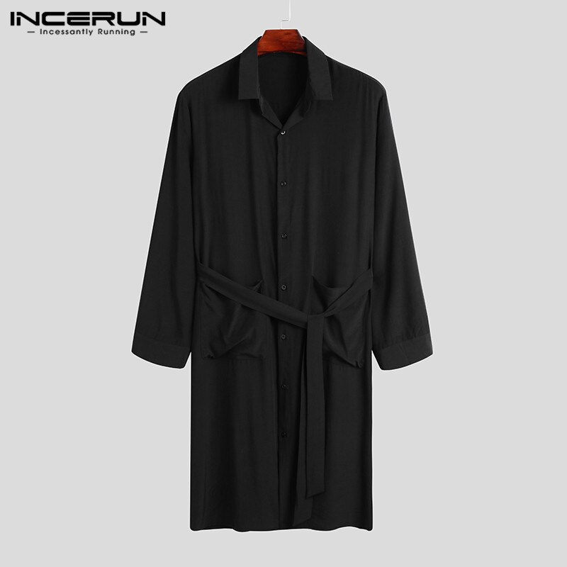 Incerun Mode Nachtkleding Gewaden Baggy Effen Kleur Slaap Gewaad Leisure Knoppen Badjassen Mannen Lange Mouwen Revers Shirts Homewear 5XL