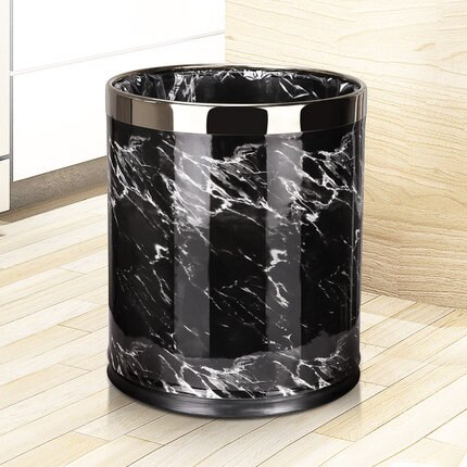 Metal Trash Can Home Office Wastebaskets , Double Layer 10L 14L Open Top Round Gabarage Can for Bathroom Kitchen Hotel Waste Bin: black marble s