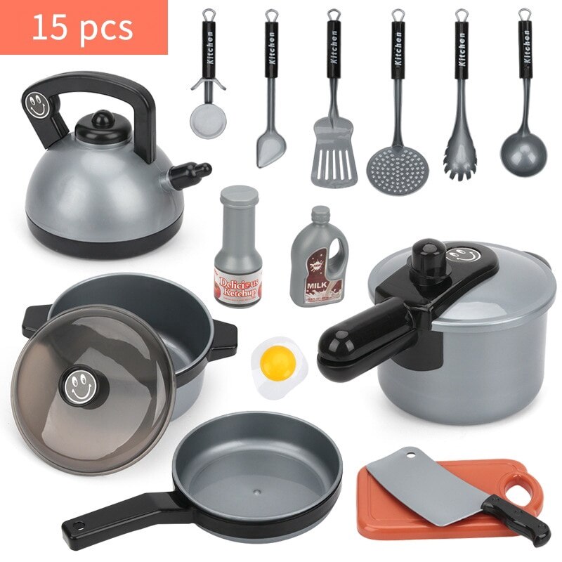 Zabawki kuchenne dla dzieci symulacja naczynia kuchenne jedzenie garnek Pan dzieci udawaj zagraj w zestaw kuchenny zabawki dla dziewczynek lalka jedzenie: 15pcs Silver