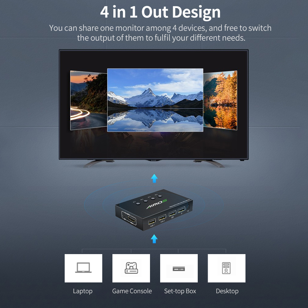 AIMOS 4K @ 60Hz Schalter 4 Hafen USB Umschalter Wähler 4 in 1 aus Umschalter mit Fernbedienung synchronisieren Ausgang Audio- &Ampere; Video