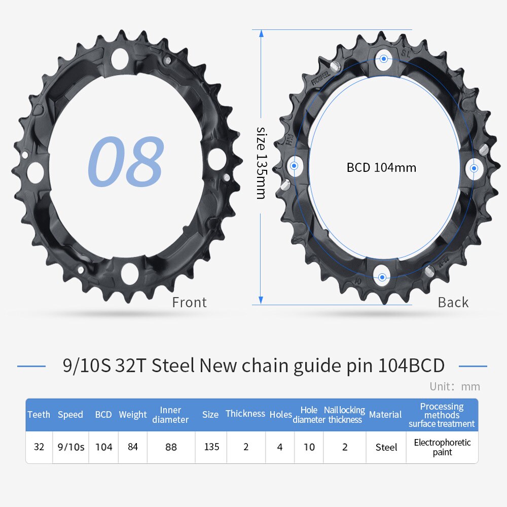 PROWHEEL-plato redondo para bicicleta de montaña, rueda dentada de aleación de acero, 64/96/104BCD, 22T, 24T, 30T, 32T, 40T, 42T, 44T: 9S 32T new 104BCD