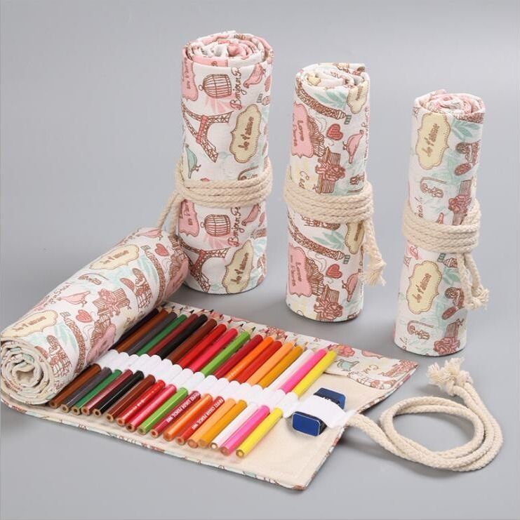 Trousse à crayons en toile 12 36 48 72 trous, tour de fer Kawaii, sac à stylos d&#39;art, pochette enveloppante, rouleau de maquillage, cosmétique, brosse, papeterie de rangement