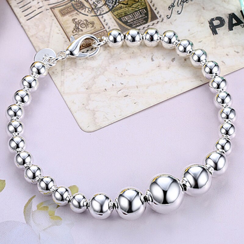 Bracelets en argent 925, bijoux unisexe, grandes et petites boules, perles, chaîne, pour femmes et hommes