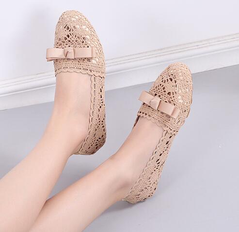 autumn bow-tied single shoes woman breathable hemp knitting hollow flats moccasins soft bottom non-slip leisure loafers: apricot / 9.5