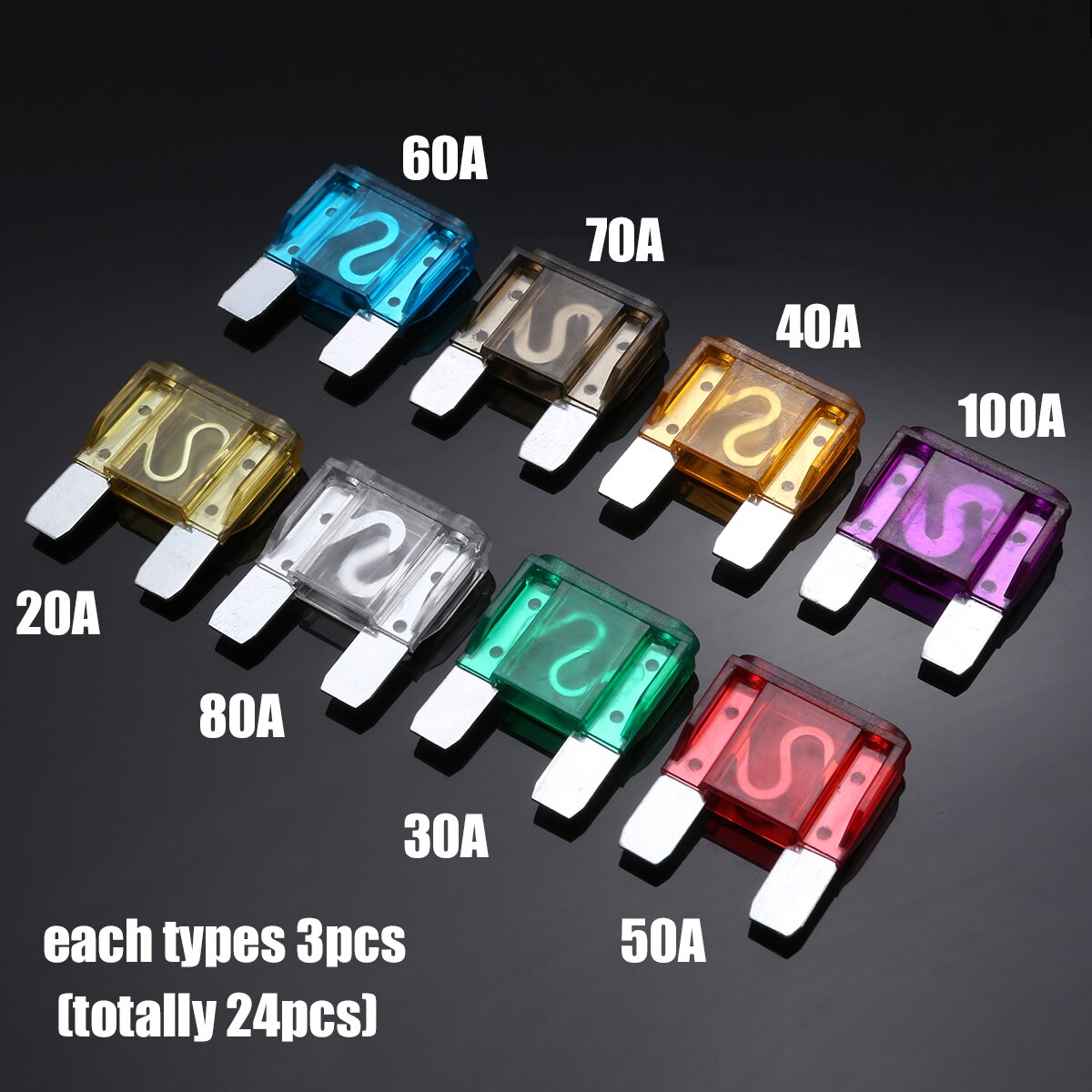 24PCS 8 Kinds Car Truck RV Electrical Fuse Kit Big Maxi Blade Fuse Assortment Set 20A-100A for Auto Car Suv Home