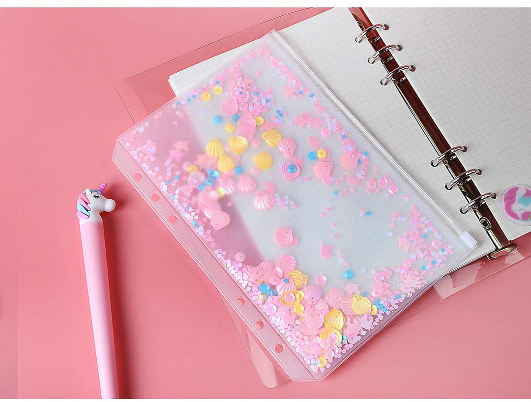 Archivador con agujeros y bolsillos de plástico para libreta, bolsa con cremallera para 6 anillos, con copos de brillantina, decoración de estrellas, A5/A6