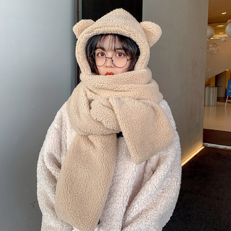 INS Bear – ensemble de gants et écharpes en peluche pour femme, chapeau et décontracté, en molleton solide, accessoires Kawaii, nouveauté hiver: Beige 2Pcs suit