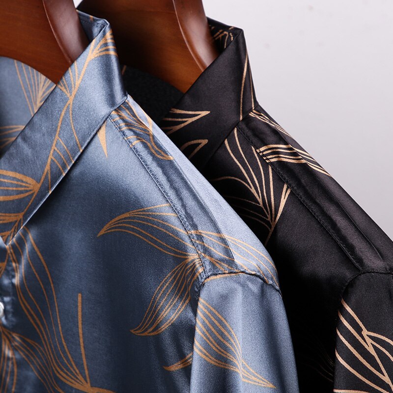 Silver Shirts Mens Satin Silk Short Sleeve Shirts Printed Shirts For Mens Casual Business Korean Clothing Mens Office