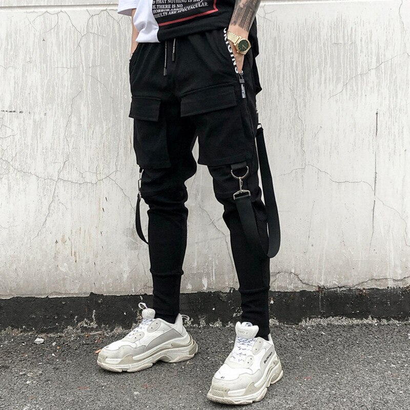 Men hiphop harem pants club singer stage costume trousers men cargo joggers streetwear sweatpants AXP221: S / Black K558